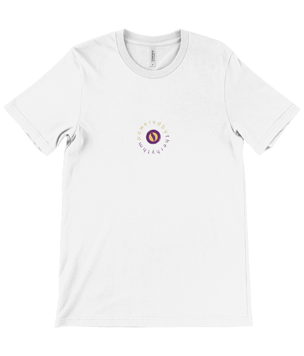Powered by the rhythm, connected to a higher source - light weight, retail fit, crew neck t-shirt, front & back print