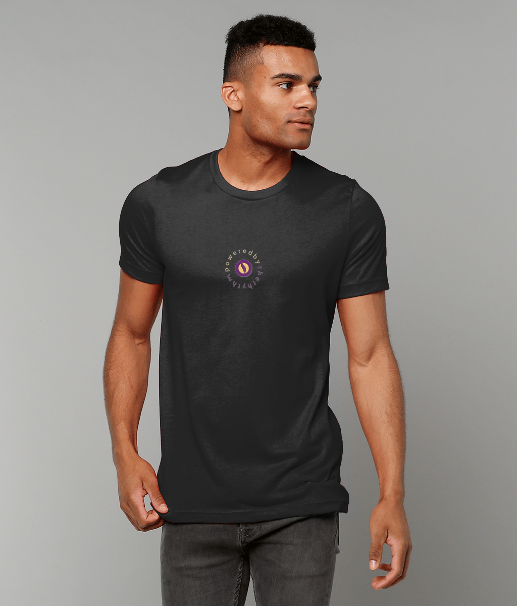 Powered by the rhythm, connected to a higher source - light weight, retail fit, crew neck t-shirt, front & back print