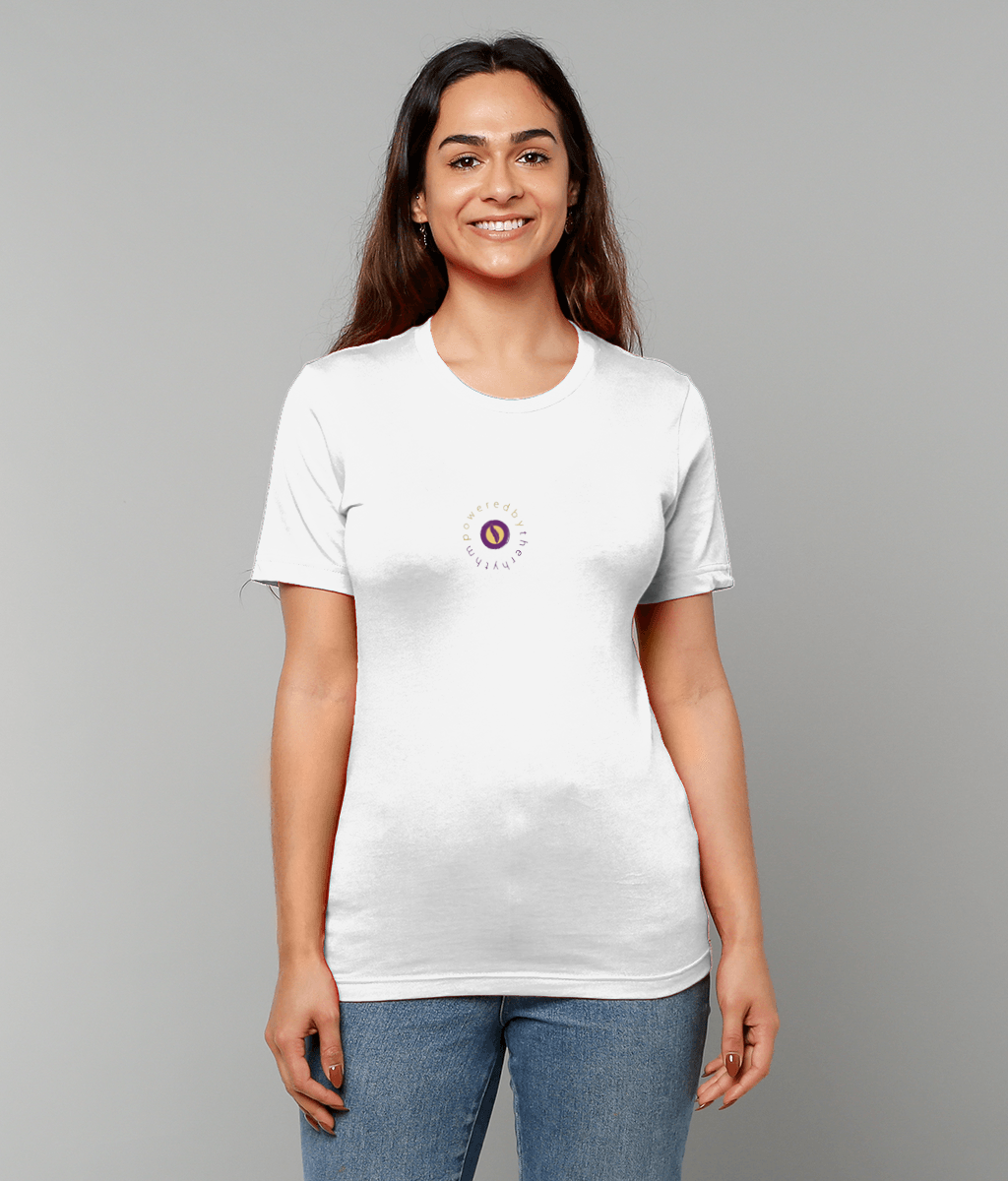 Powered by the rhythm, connected to a higher source - light weight, retail fit, crew neck t-shirt, front & back print