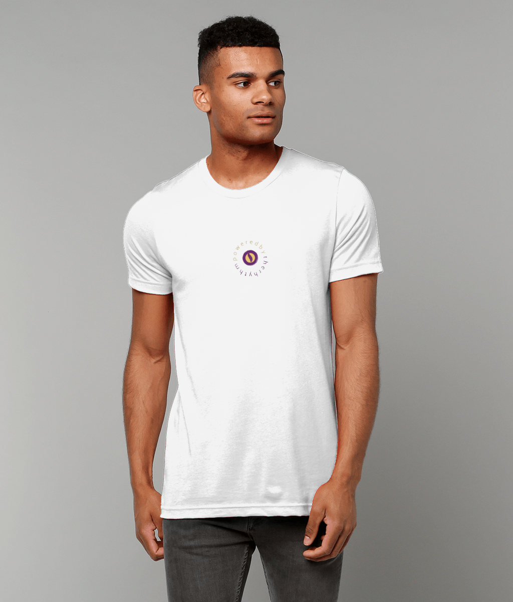 Powered by the rhythm, connected to a higher source - light weight, retail fit, crew neck t-shirt, front & back print
