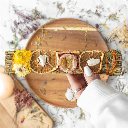 9in Ritual Wand Smudge Stick with Rosemary, Palo Santo and Quartz