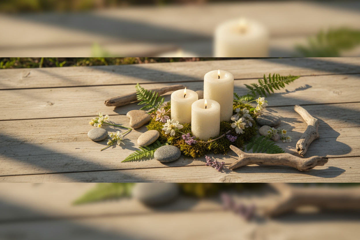 Candles and decorative elements on a wooden surface with natural light, zen